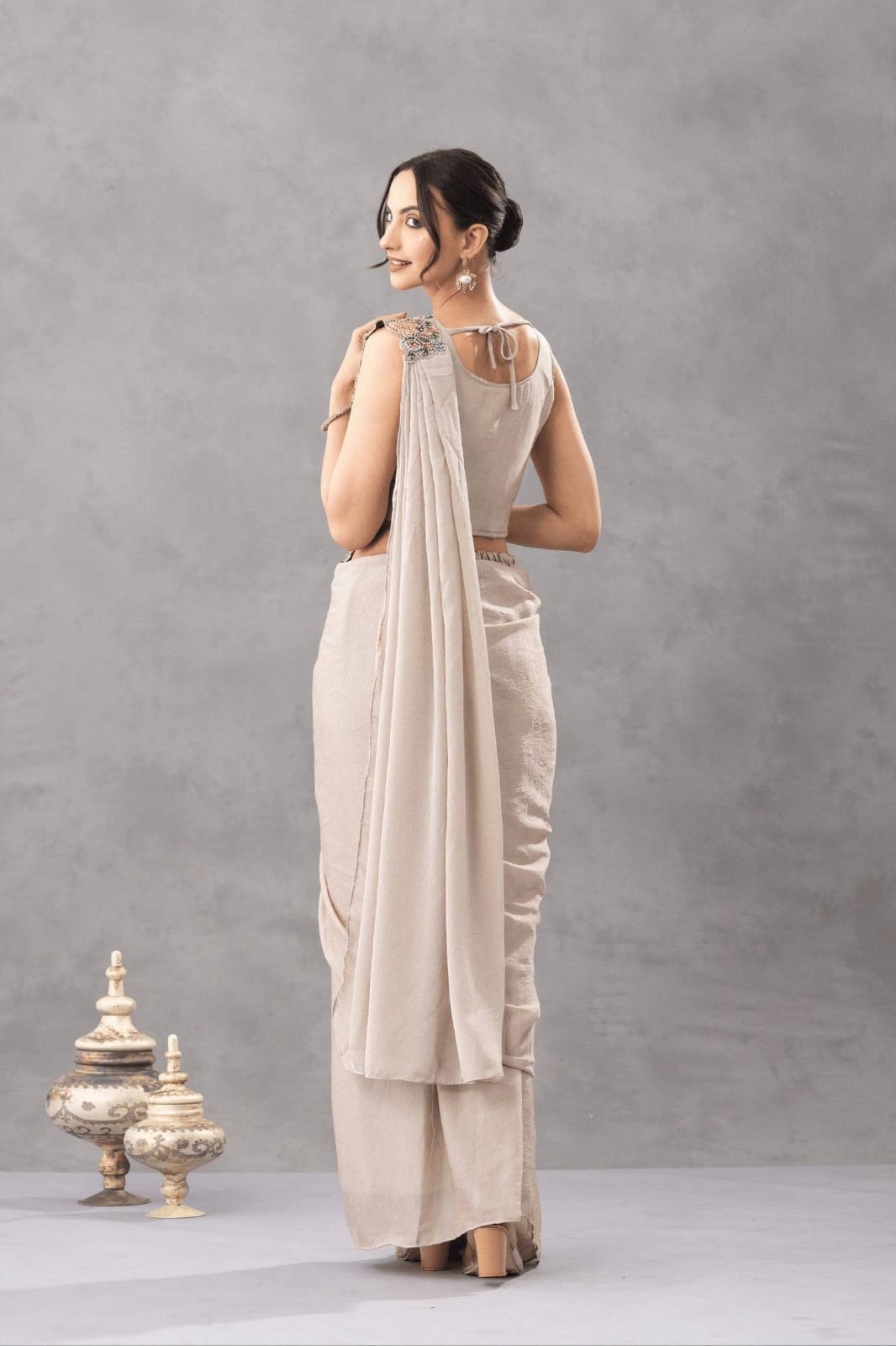 READY TO WEAR DRAPE SAREE WITH EMBROIDERY & DIAMOND WORK
