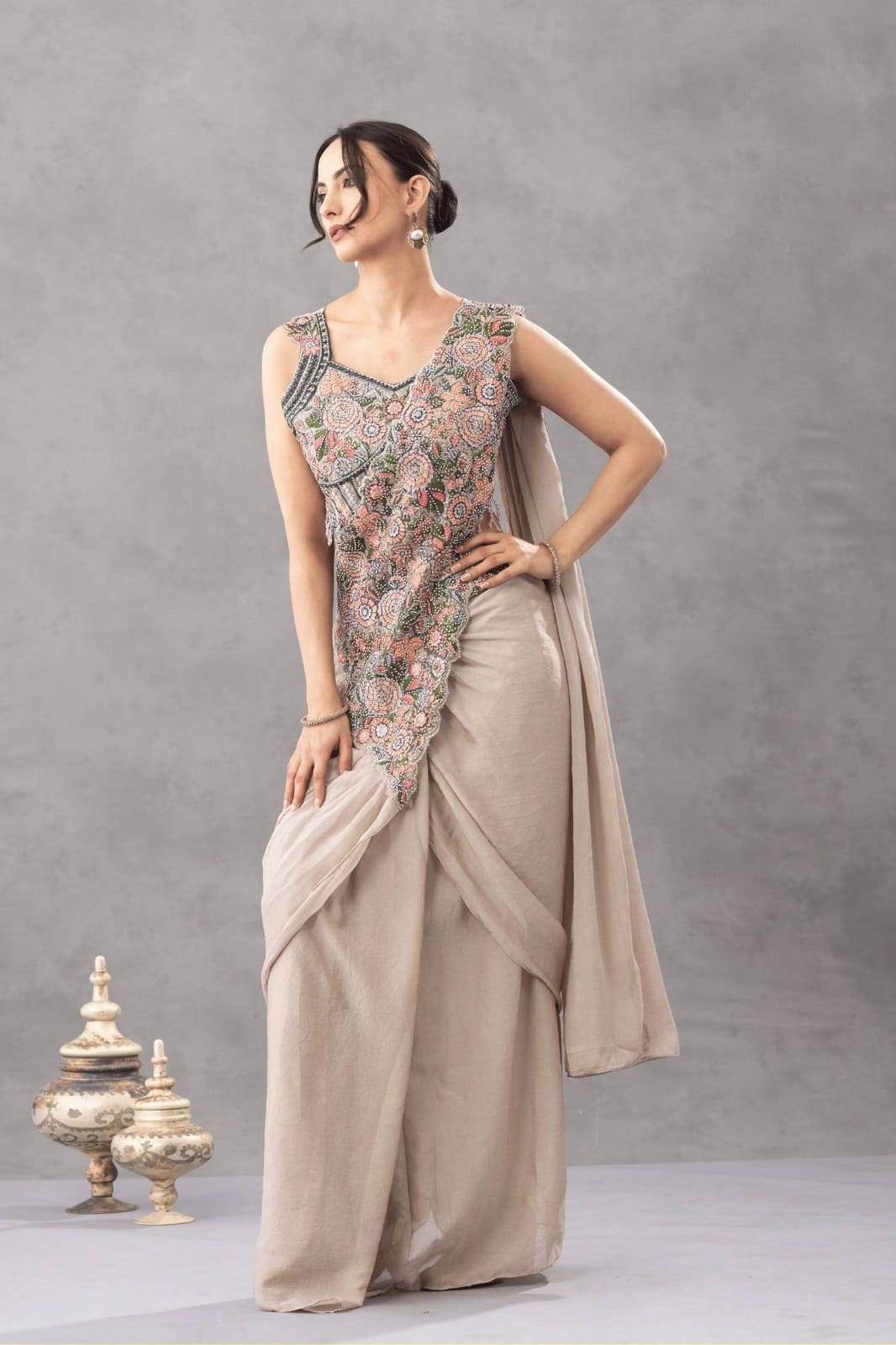 READY TO WEAR DRAPE SAREE WITH EMBROIDERY & DIAMOND WORK