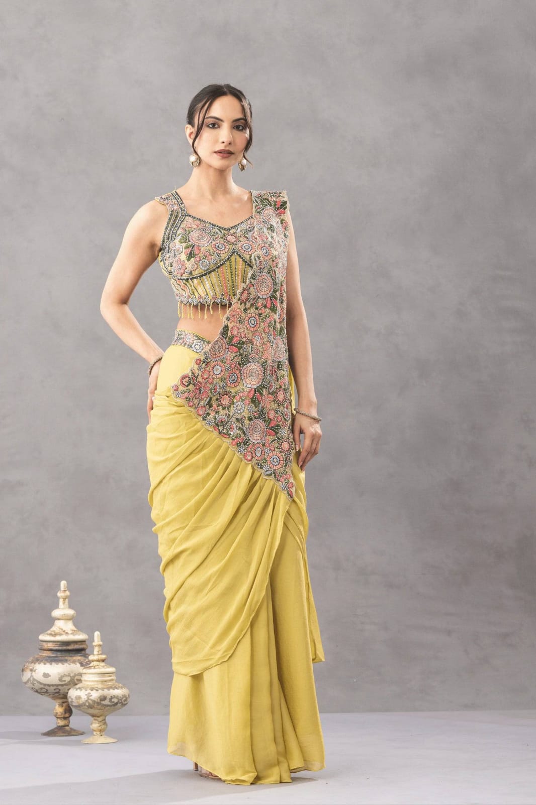 READY TO WEAR DRAPE SAREE WITH EMBROIDERY & DIAMOND WORK