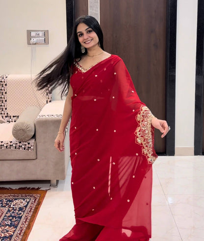 GEORGETTE READY TO WEAR SAREE WITH EMBROIDERY, REAL MIRROR & PEARLS WORK