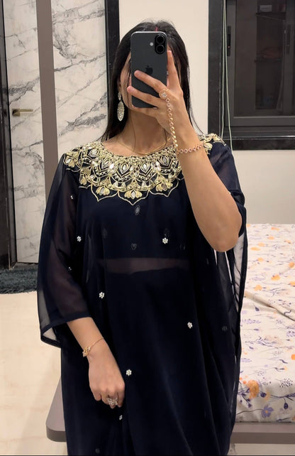 GEORGETTE READY TO WEAR SAREE WITH EMBROIDERY, REAL MIRROR & PEARLS WORK