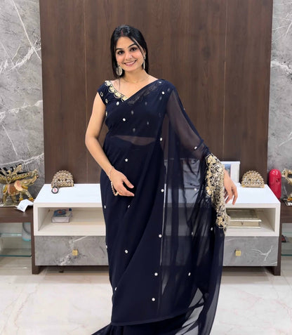 GEORGETTE READY TO WEAR SAREE WITH EMBROIDERY, REAL MIRROR & PEARLS WORK