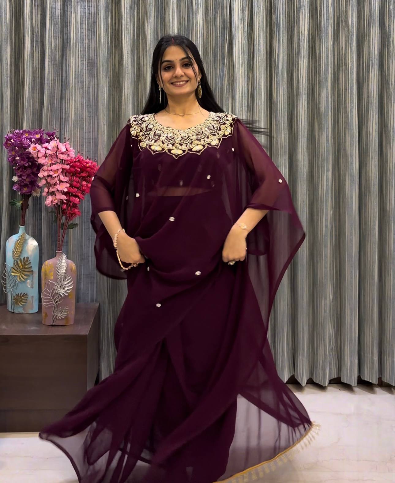 GEORGETTE READY TO WEAR SAREE WITH EMBROIDERY, REAL MIRROR & PEARLS WORK