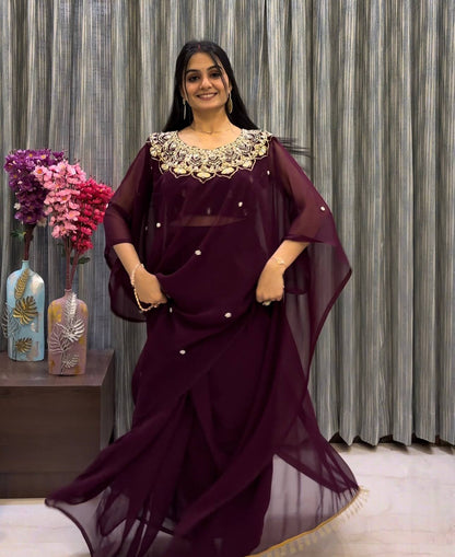 GEORGETTE READY TO WEAR SAREE WITH EMBROIDERY, REAL MIRROR & PEARLS WORK