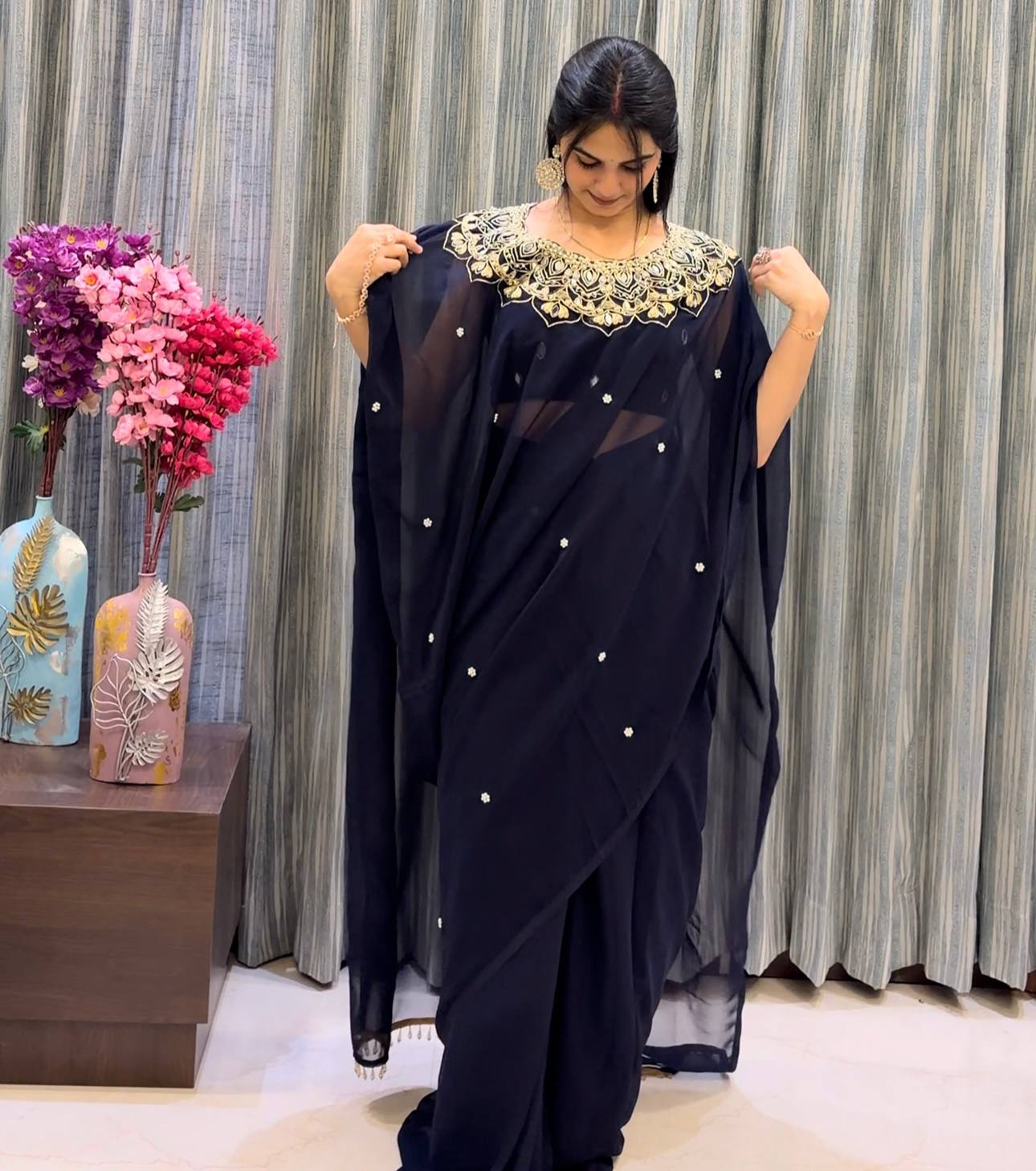 GEORGETTE READY TO WEAR SAREE WITH EMBROIDERY, REAL MIRROR & PEARLS WORK