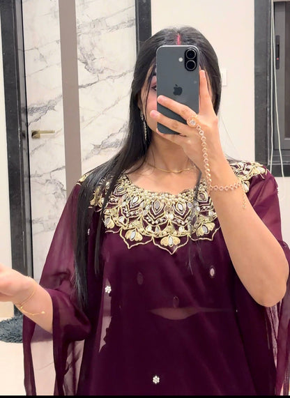 GEORGETTE READY TO WEAR SAREE WITH EMBROIDERY, REAL MIRROR & PEARLS WORK
