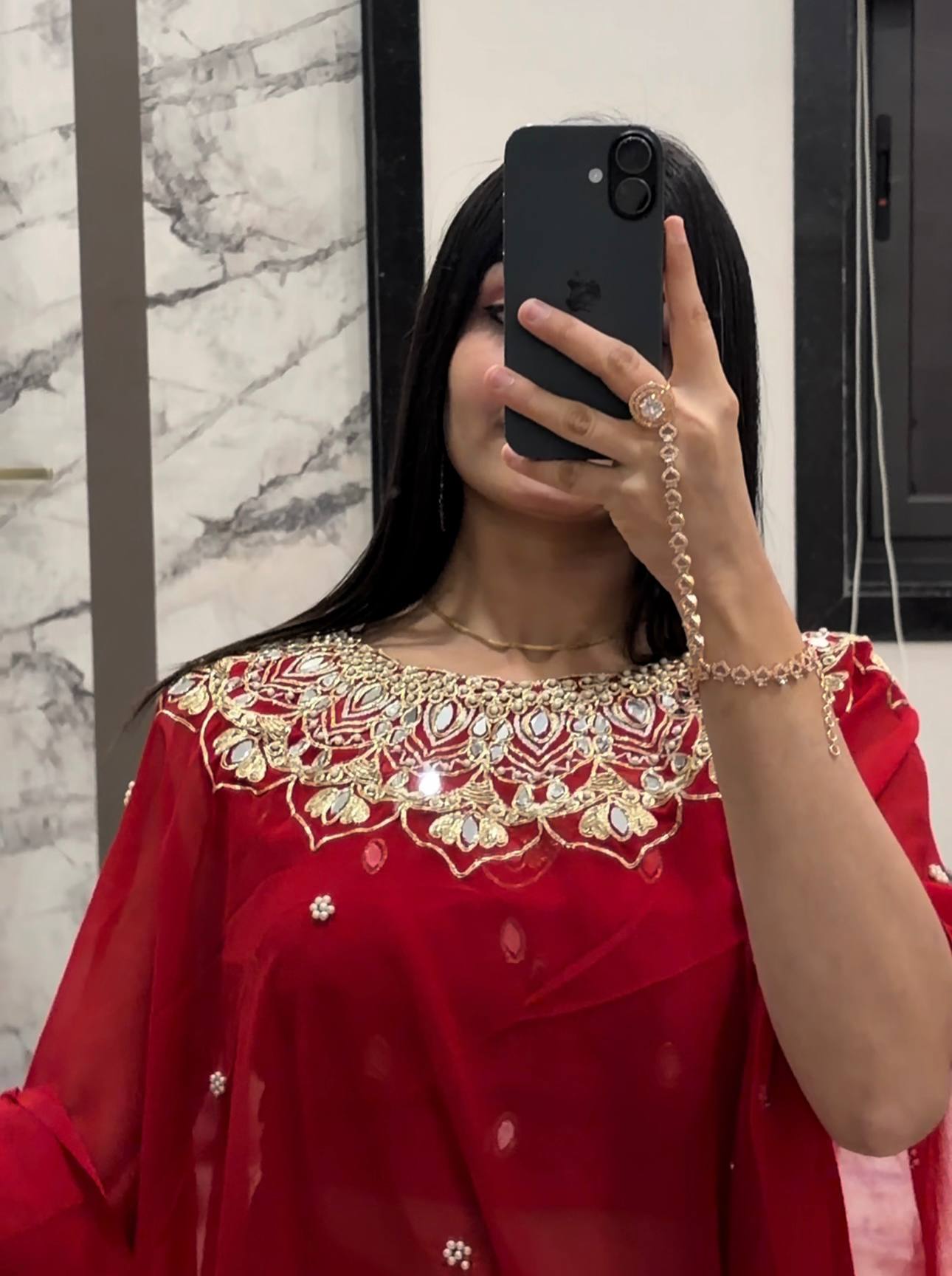 GEORGETTE READY TO WEAR SAREE WITH EMBROIDERY, REAL MIRROR & PEARLS WORK