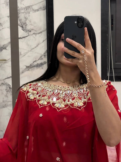 GEORGETTE READY TO WEAR SAREE WITH EMBROIDERY, REAL MIRROR & PEARLS WORK
