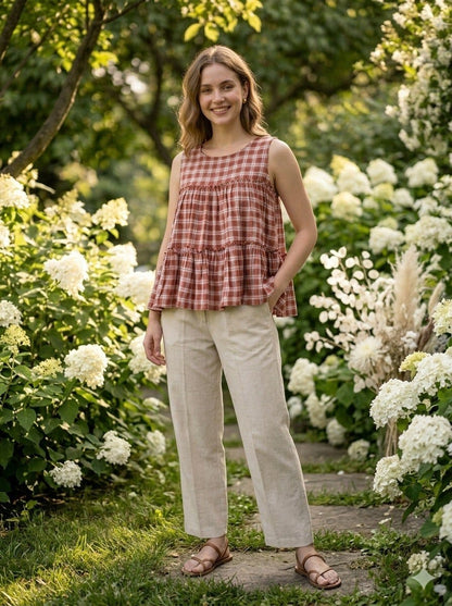 SUMMER WEAR LINEN TOP AND PANT WITH CHECKS PRINT