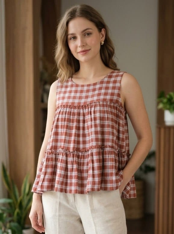 SUMMER WEAR LINEN TOP AND PANT WITH CHECKS PRINT