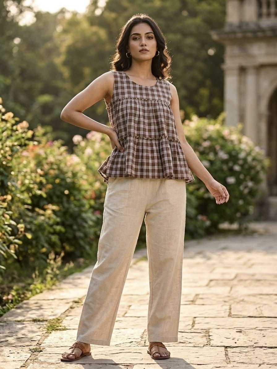 SUMMER WEAR LINEN TOP AND PANT WITH CHECKS PRINT