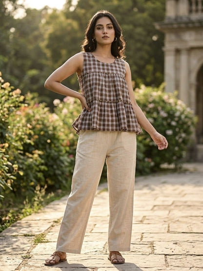 SUMMER WEAR LINEN TOP AND PANT WITH CHECKS PRINT