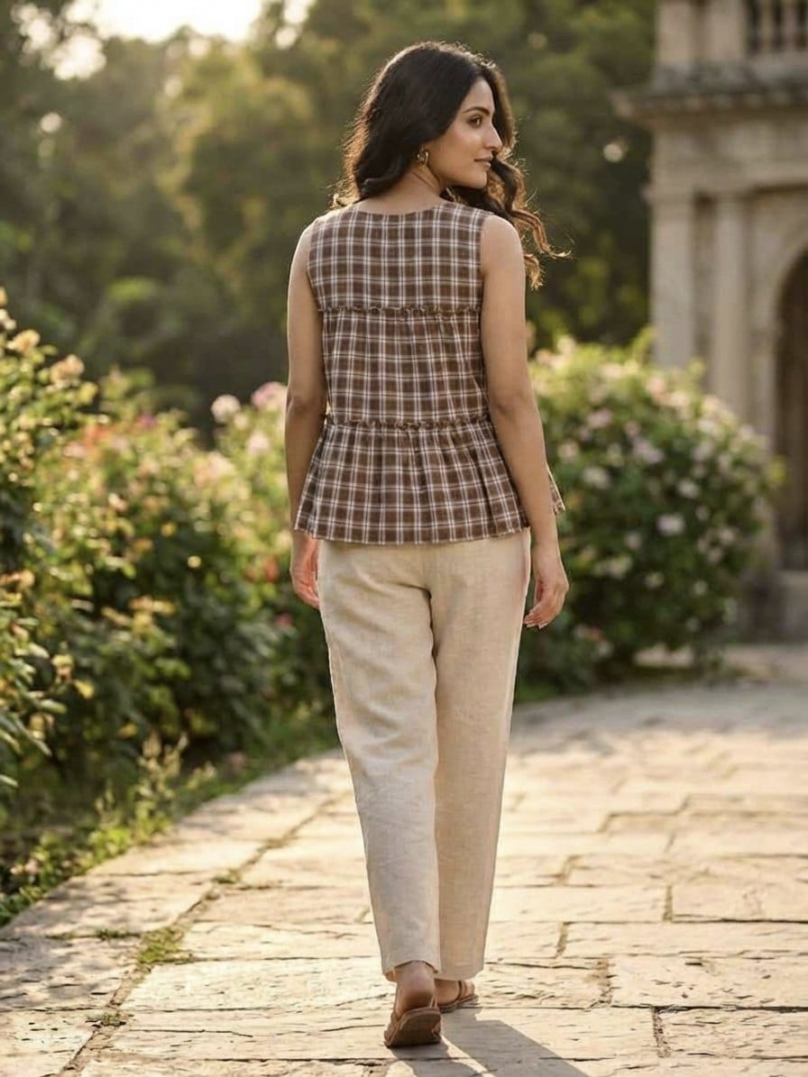 SUMMER WEAR LINEN TOP AND PANT WITH CHECKS PRINT