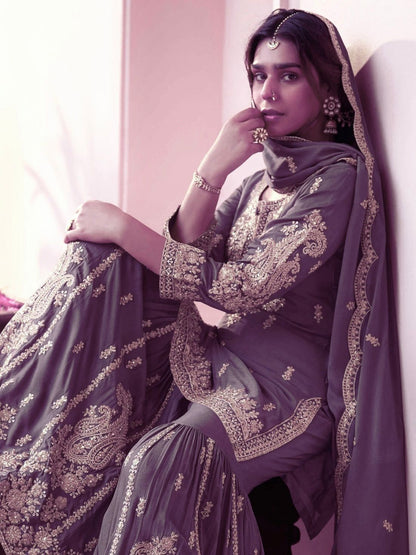 GREY CHINON SILK EMBROIDERED PAKISTHANI SHARARA SUIT