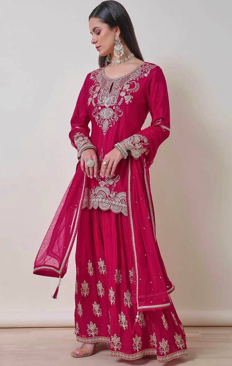 PINK ZARI EMBROIDERED CHINON SHARARA SET WITH DUPATTA