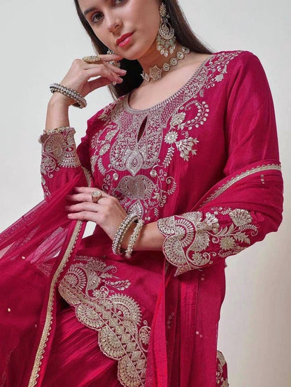 PINK ZARI EMBROIDERED CHINON SHARARA SET WITH DUPATTA