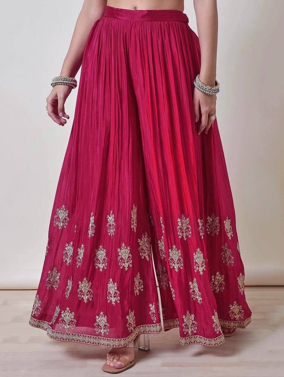 PINK ZARI EMBROIDERED CHINON SHARARA SET WITH DUPATTA