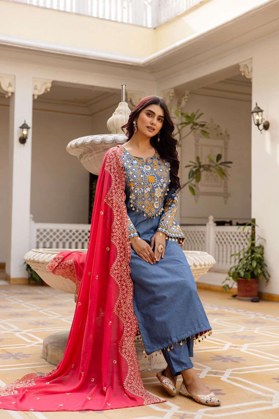 BLUE DENIM KURTA SET WITH HEAVY EMBROIDERY WORK