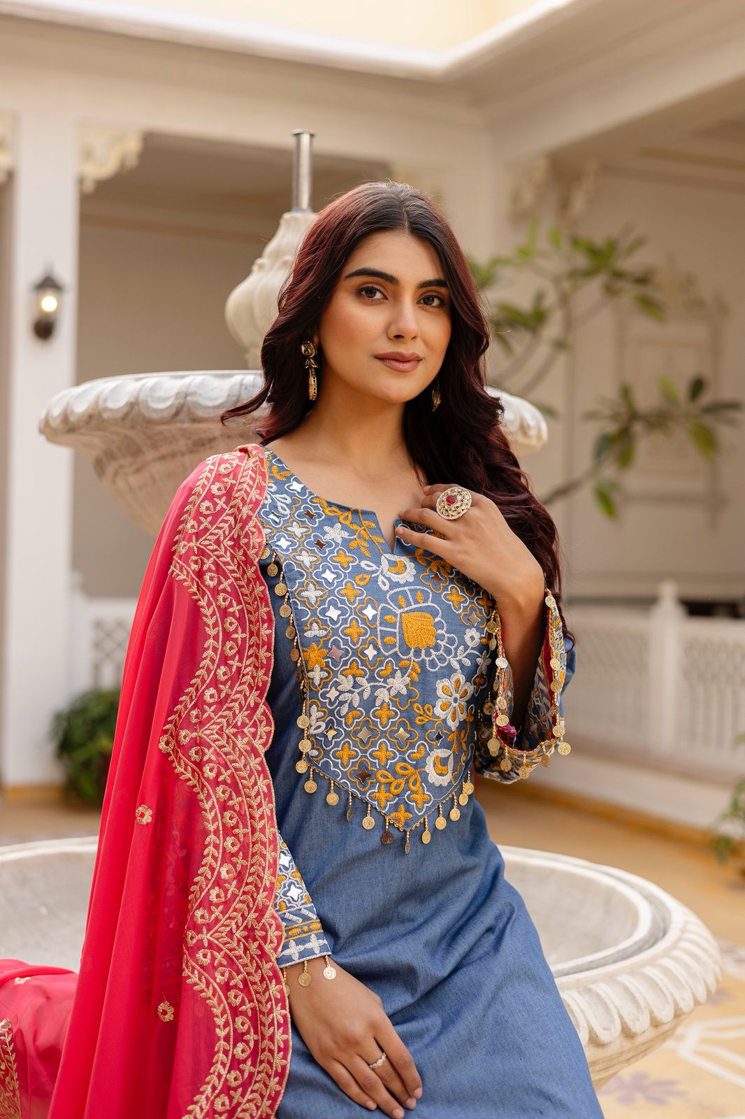 BLUE DENIM KURTA SET WITH HEAVY EMBROIDERY WORK