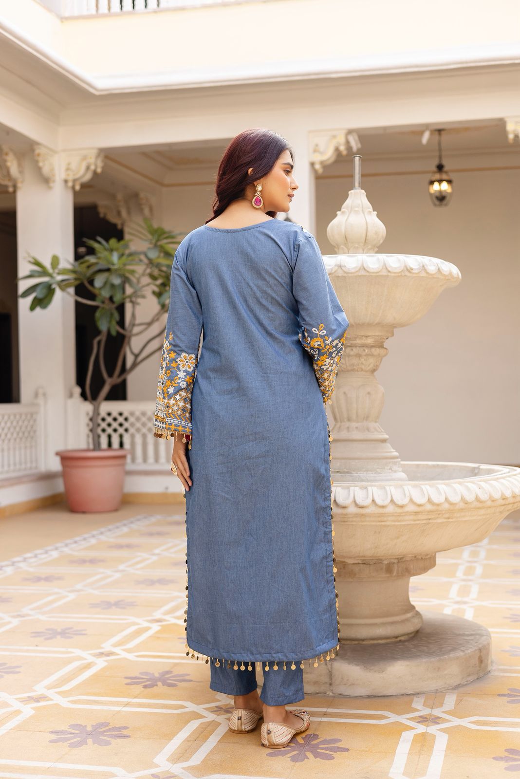 BLUE DENIM KURTA SET WITH HEAVY EMBROIDERY WORK