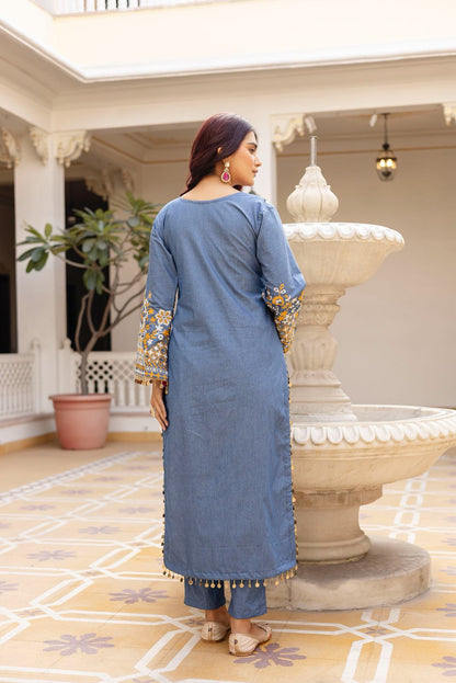 BLUE DENIM KURTA SET WITH HEAVY EMBROIDERY WORK
