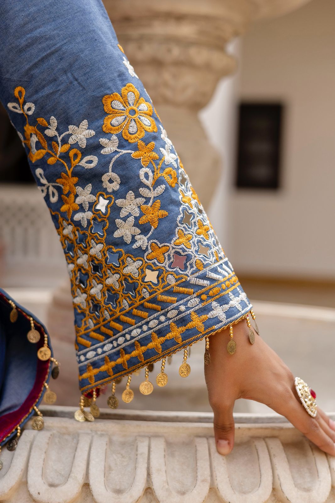 BLUE DENIM KURTA SET WITH HEAVY EMBROIDERY WORK