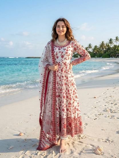 HANIA - LUXURY LAWN WHITE ORGANZA SILK ANARKALI GOWN