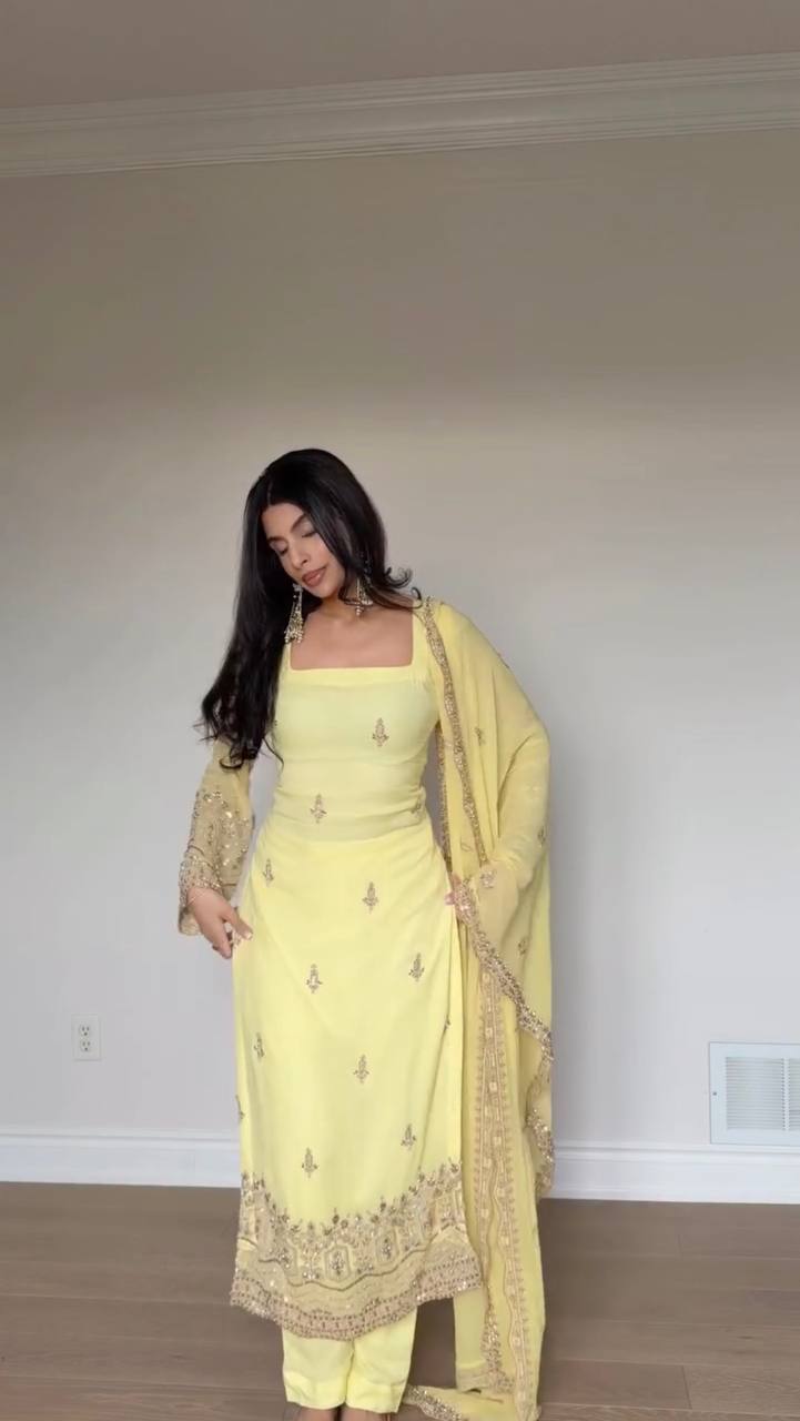 FAUX GEORGETTE EMBROIDERY SUIT SET WITH MOTI WORK CUTWORK DUPATTA