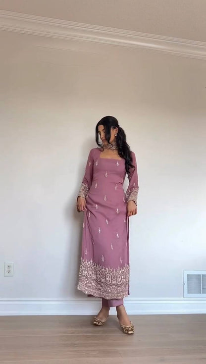 FAUX GEORGETTE EMBROIDERY SUIT SET WITH MOTI WORK CUTWORK DUPATTA