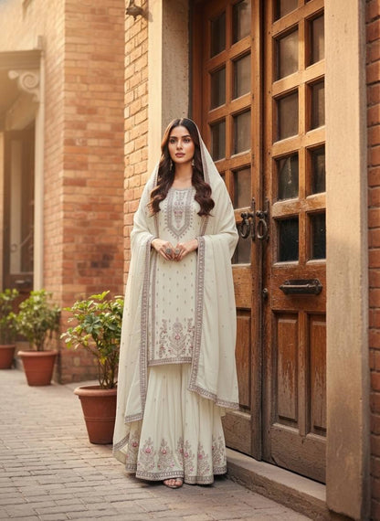EMBROIDERED CHINON SILK SHARARA SUIT SET