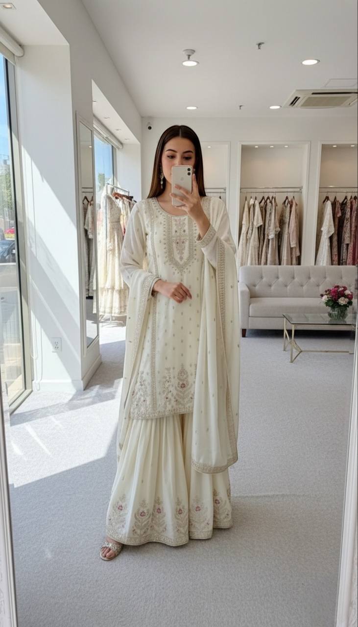 EMBROIDERED CHINON SILK SHARARA SUIT SET