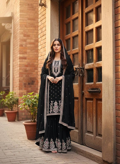 EMBROIDERED CHINON SILK SHARARA SUIT SET