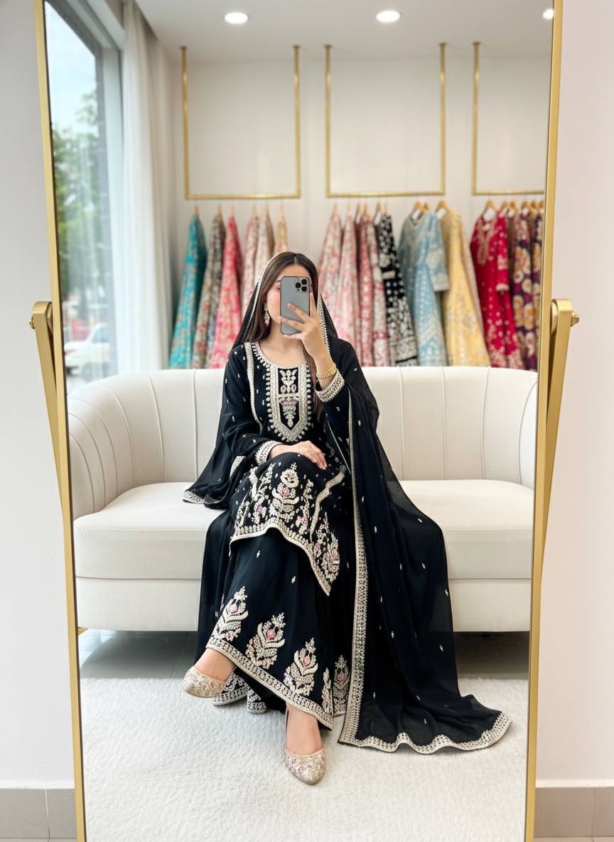 EMBROIDERED CHINON SILK SHARARA SUIT SET