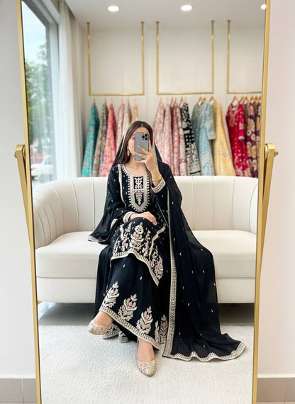 EMBROIDERED CHINON SILK SHARARA SUIT SET