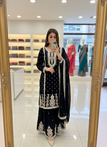 EMBROIDERED CHINON SILK SHARARA SUIT SET