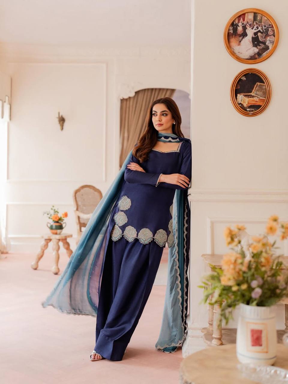 NAVY BLUE CREPE SILK FARSHI SALWAR SUIT WITH FLORAL EMBROIDERY