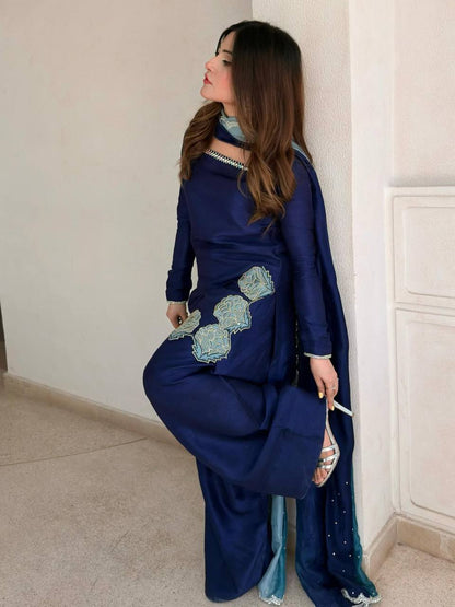 NAVY BLUE CREPE SILK FARSHI SALWAR SUIT WITH FLORAL EMBROIDERY