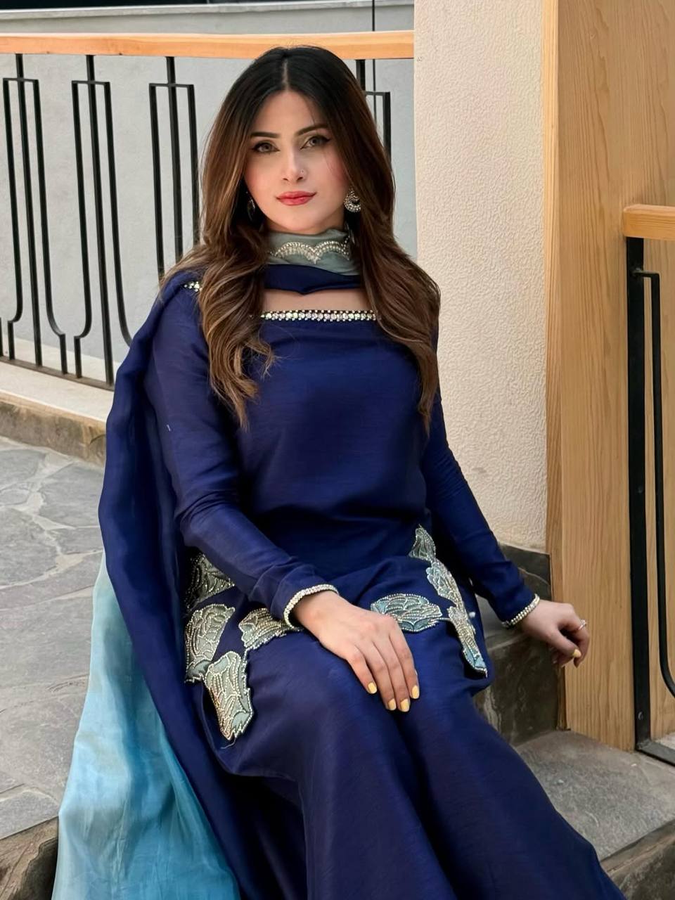 NAVY BLUE CREPE SILK FARSHI SALWAR SUIT WITH FLORAL EMBROIDERY