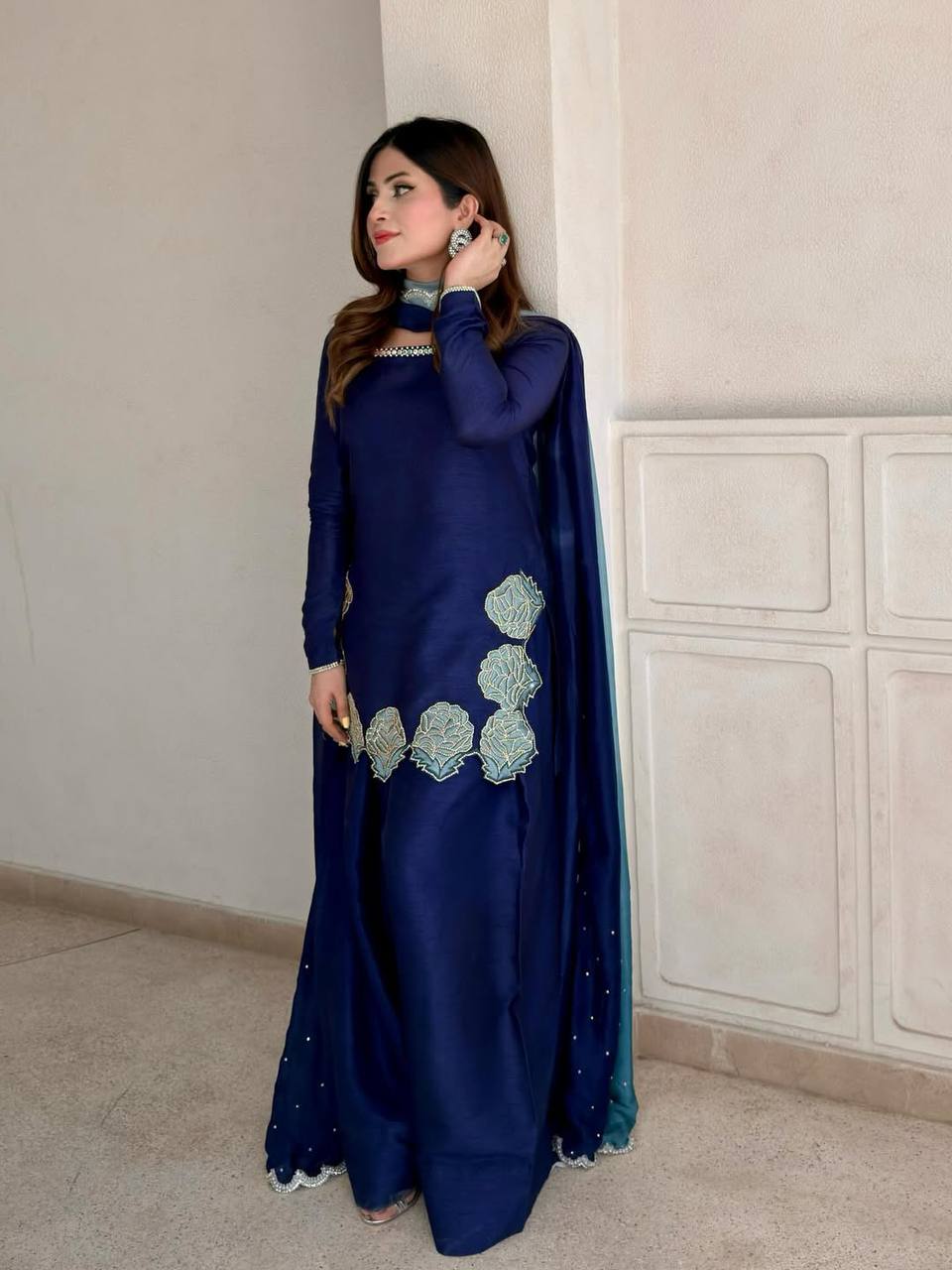 NAVY BLUE CREPE SILK FARSHI SALWAR SUIT WITH FLORAL EMBROIDERY