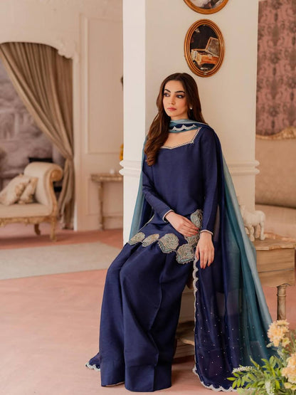 NAVY BLUE CREPE SILK FARSHI SALWAR SUIT WITH FLORAL EMBROIDERY