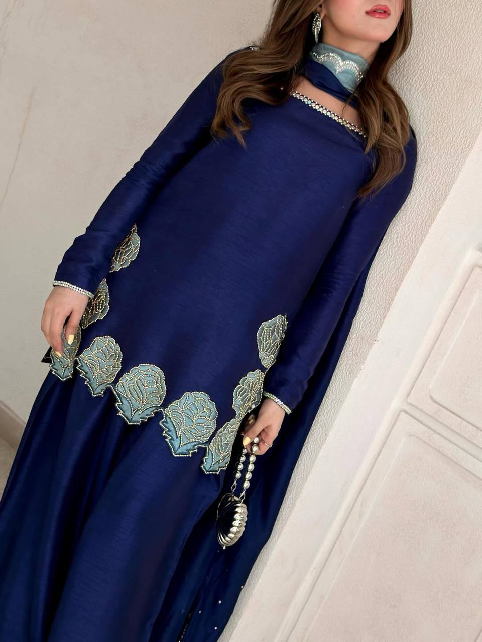 NAVY BLUE CREPE SILK FARSHI SALWAR SUIT WITH FLORAL EMBROIDERY