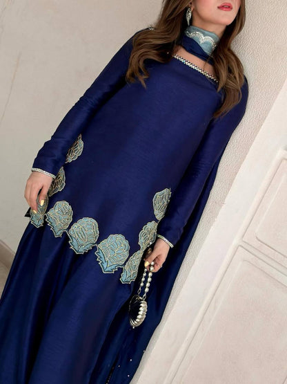 NAVY BLUE CREPE SILK FARSHI SALWAR SUIT WITH FLORAL EMBROIDERY
