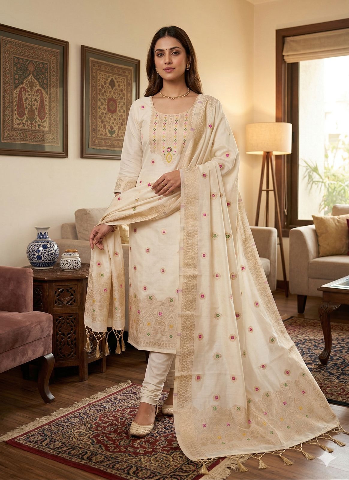 CHANDERI BANARASI SILK KURTA PANT WITH DUPATTA