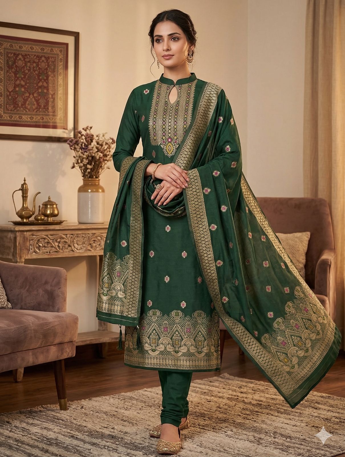 CHANDERI BANARASI SILK KURTA PANT WITH DUPATTA