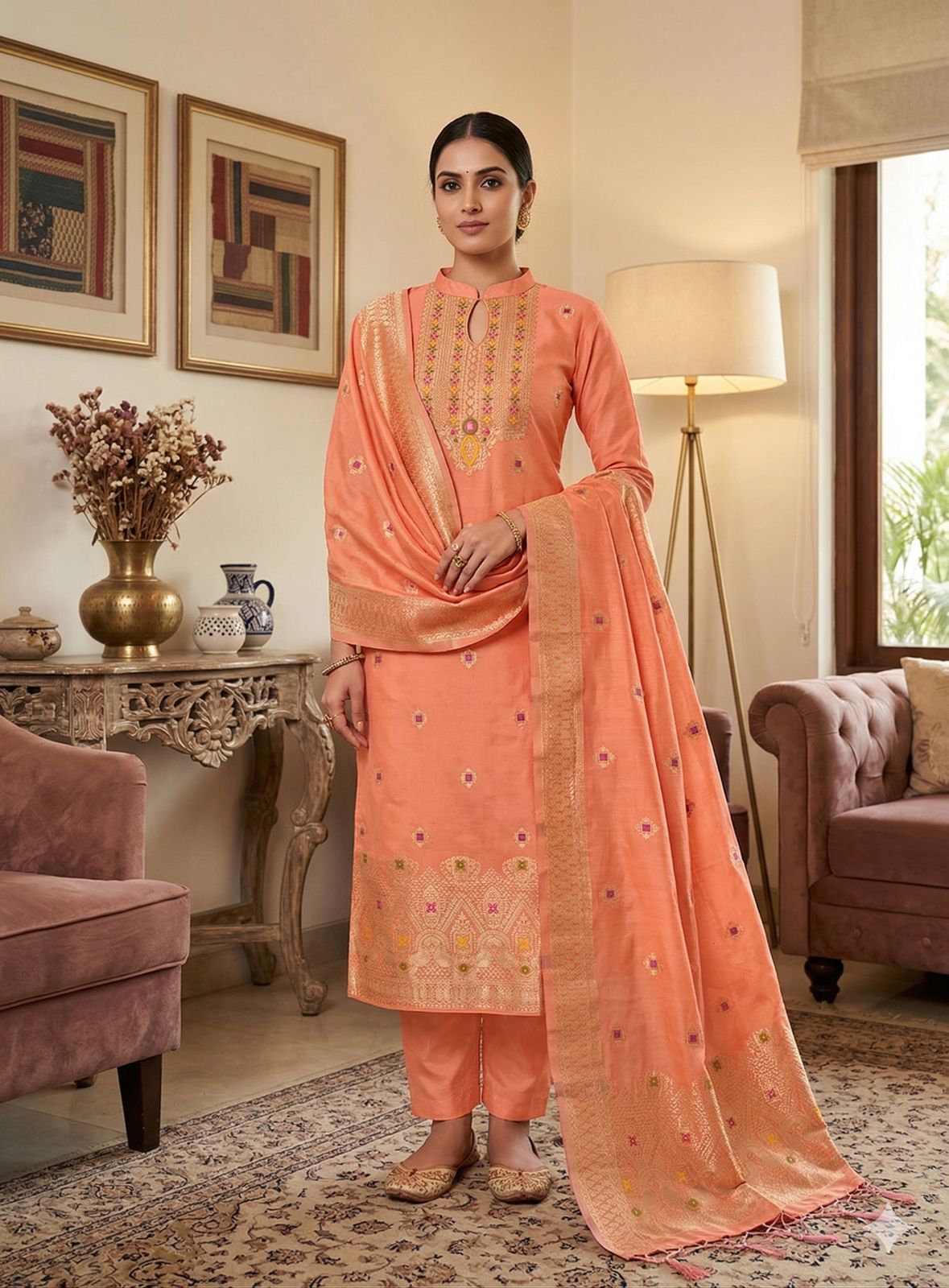 CHANDERI BANARASI SILK KURTA PANT WITH DUPATTA
