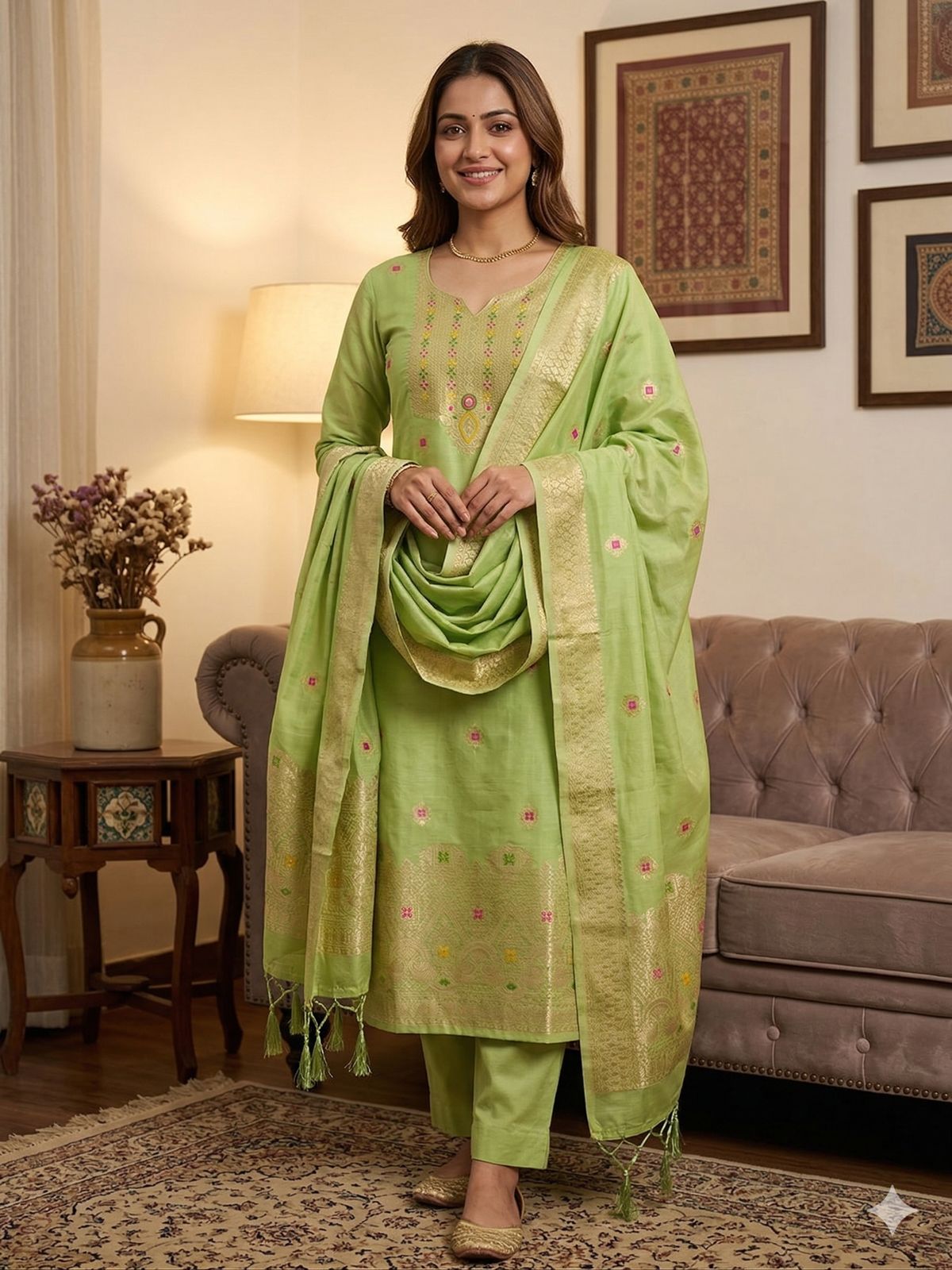 CHANDERI BANARASI SILK KURTA PANT WITH DUPATTA