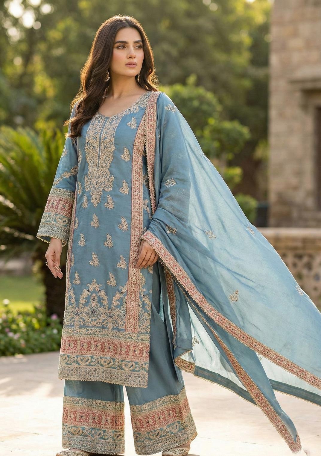 HEAVY CHINON EMBROIDERED KURTA PLAZZO SET