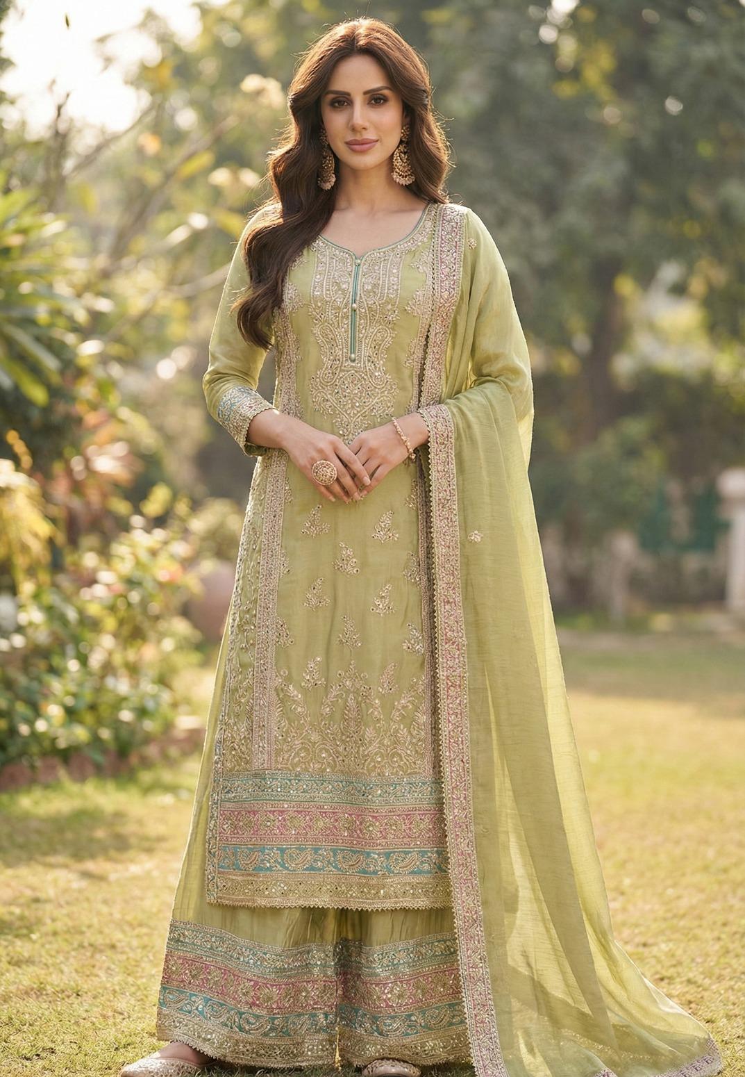HEAVY CHINON EMBROIDERED KURTA PLAZZO SET