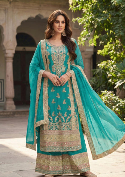 HEAVY CHINON EMBROIDERED KURTA PLAZZO SET