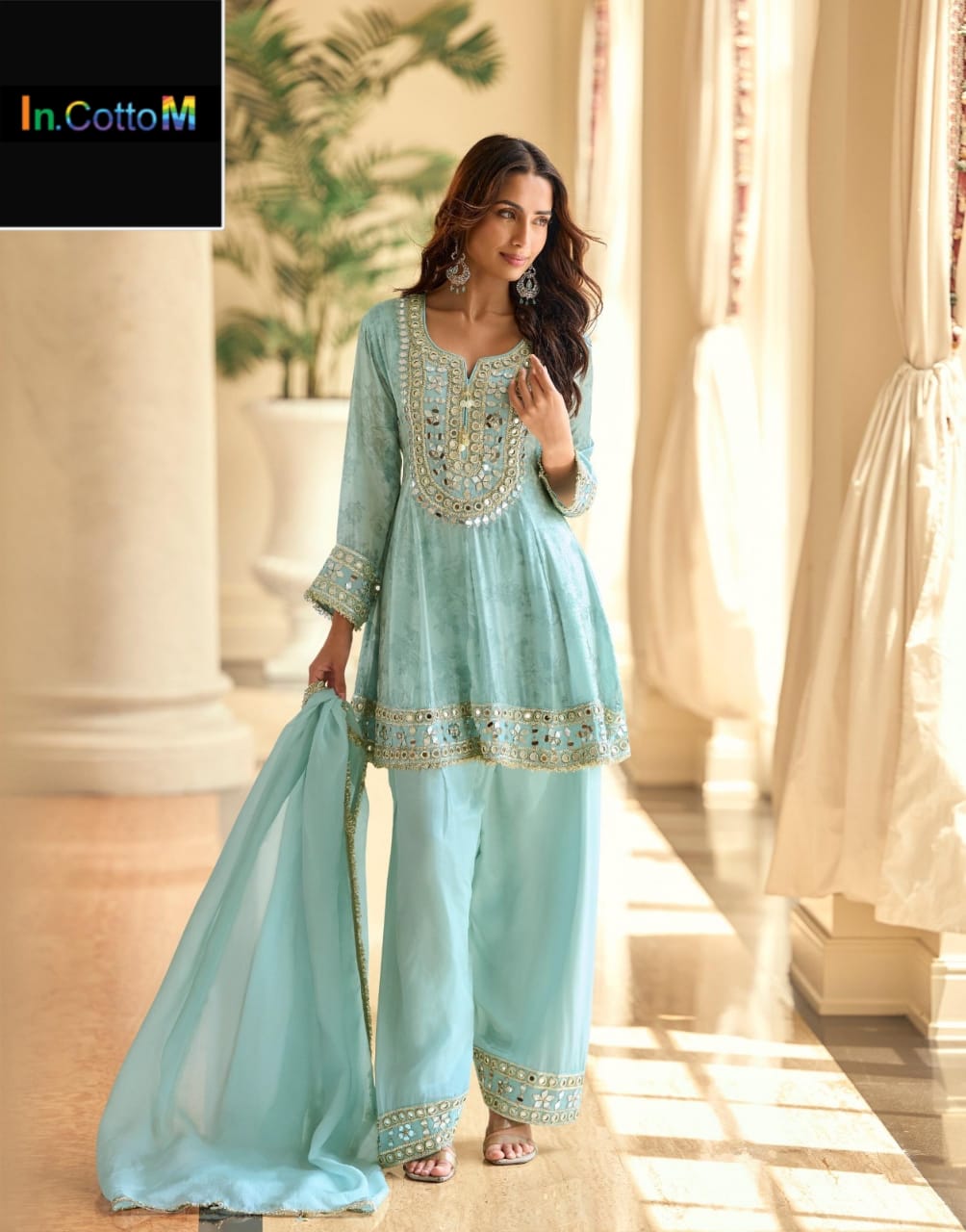 CREP SILK PLAZZO SUIT SET WITH REAL MIRROR & HAND WORK